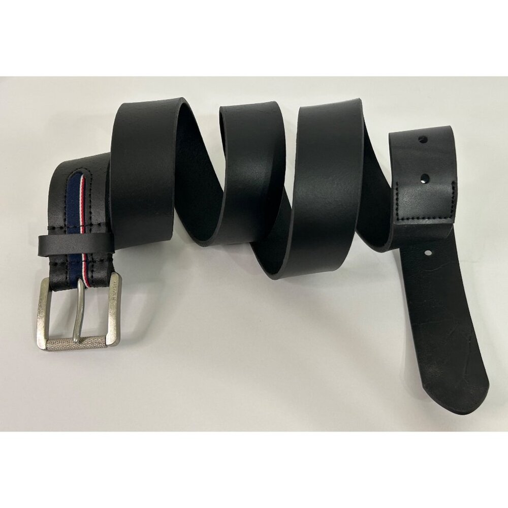 Tommy Hilfiger Men's Black Leather Belt Silver Buckle Stripe Accent Size 46-48